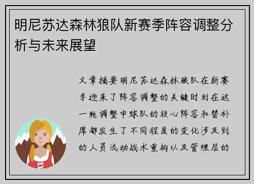 明尼苏达森林狼队新赛季阵容调整分析与未来展望