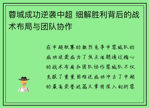 蓉城成功逆袭中超 细解胜利背后的战术布局与团队协作