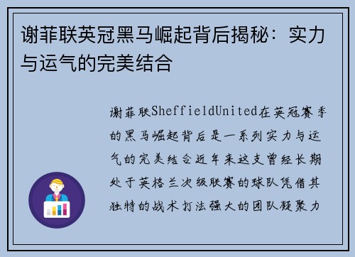 谢菲联英冠黑马崛起背后揭秘:实力与运气的完美结合 谢菲联英冠黑马崛起背后揭秘:实力与运气的完美结合